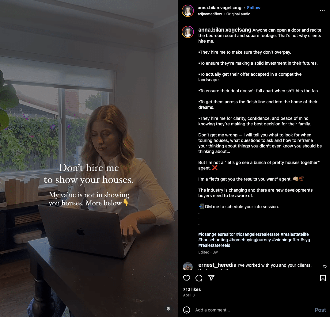 Screenshot of an Instagram Reel with a young woman working at a laptop. The overlaid text says, "Don't hire me to show your houses. My value is not in showing you houses. More below." In the description is a more detailed list of what a buyer's agent does for their client.